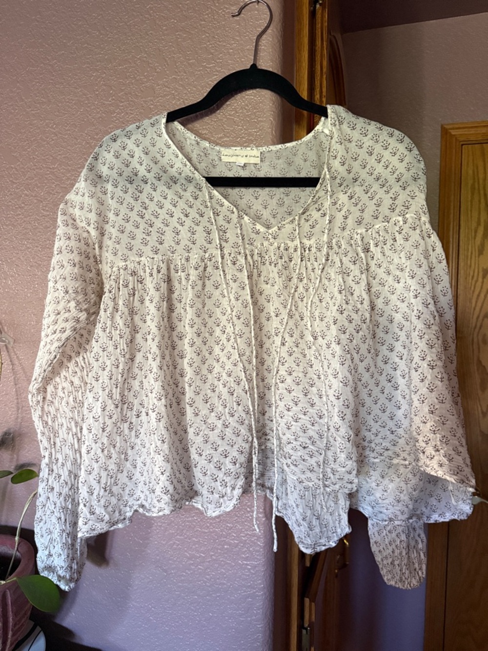 Daughters of India White Printed Boho Tie-Front Peasant Blouse